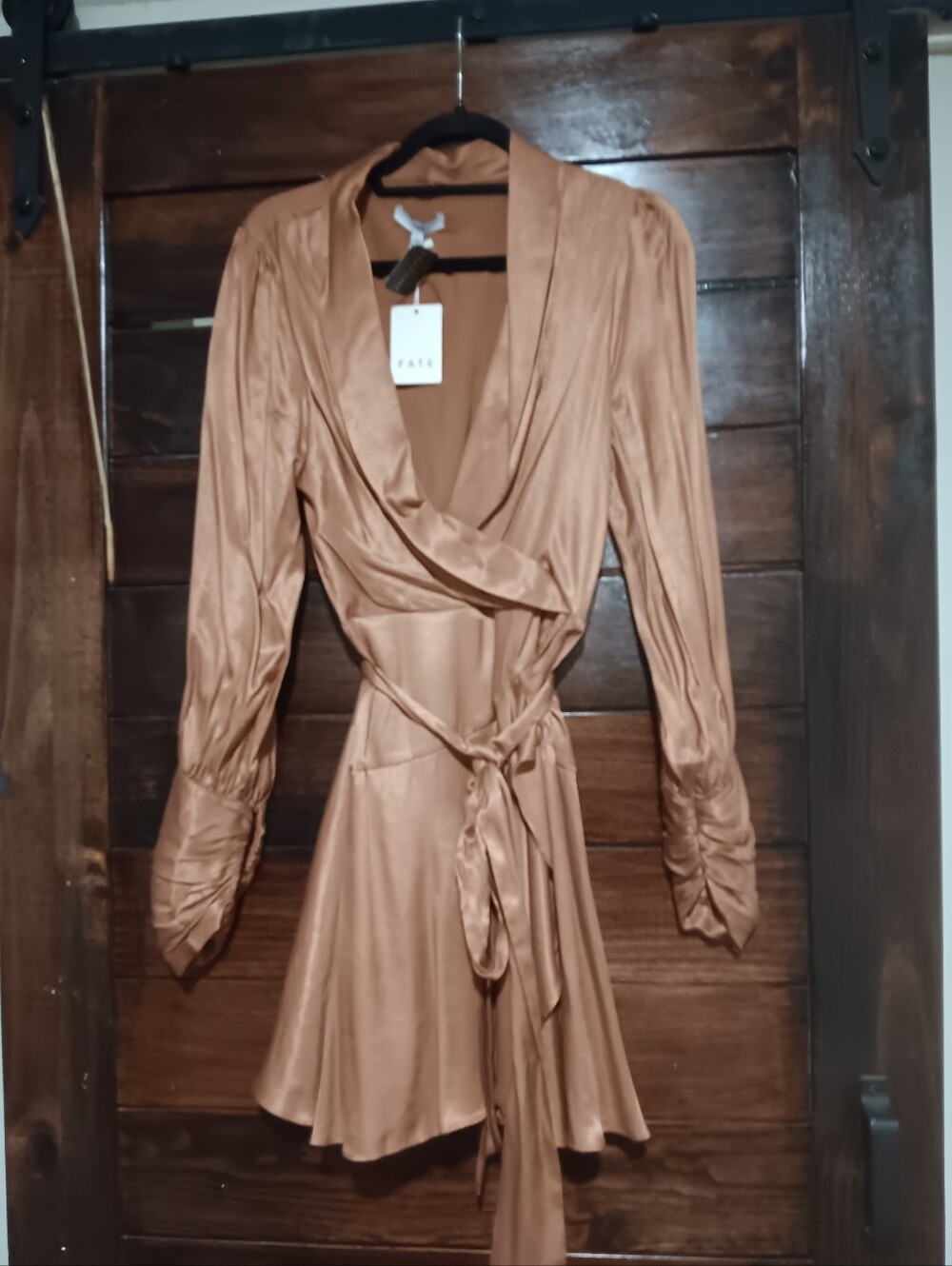 Fate Satin Wrap Mini Dress in Copper Brown